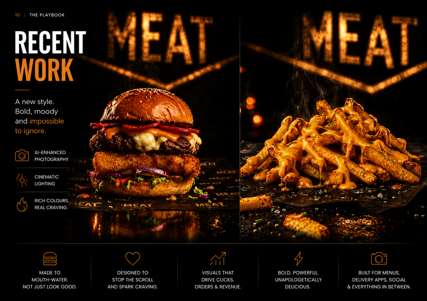 Served Up Studio MEAT collection featuring a stacked burger and loaded fries