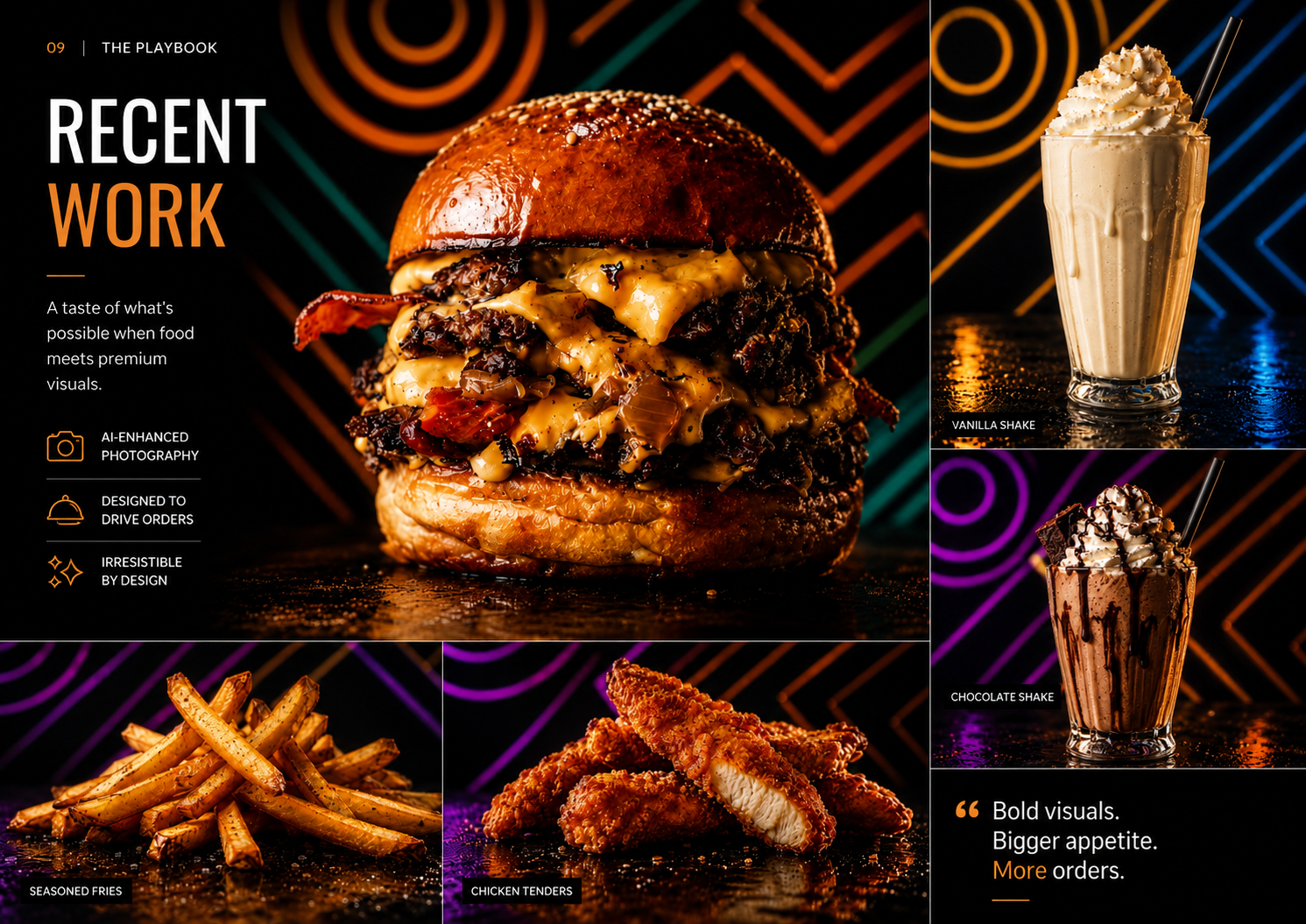 Served Up Studio neon menu collection featuring a burger, shakes, fries and chicken tenders